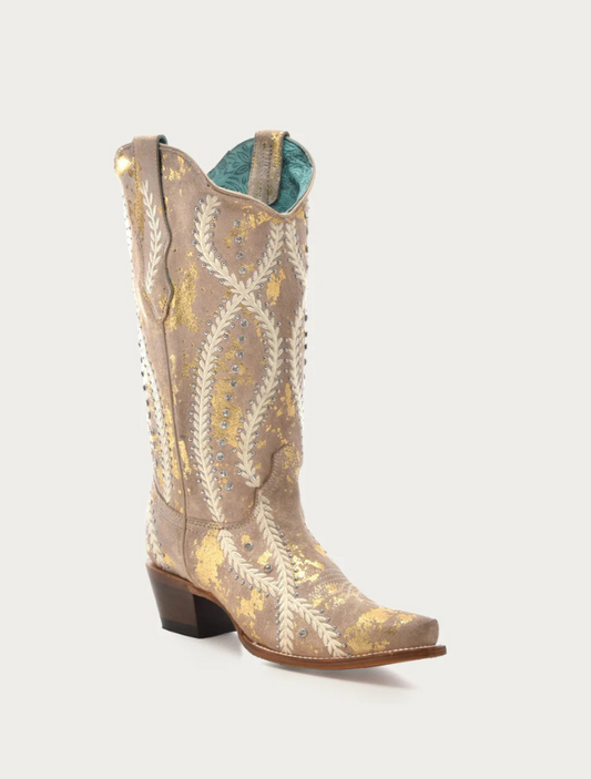 Corral Women's White Embroidery & Crystals Tan Cowboy Boots