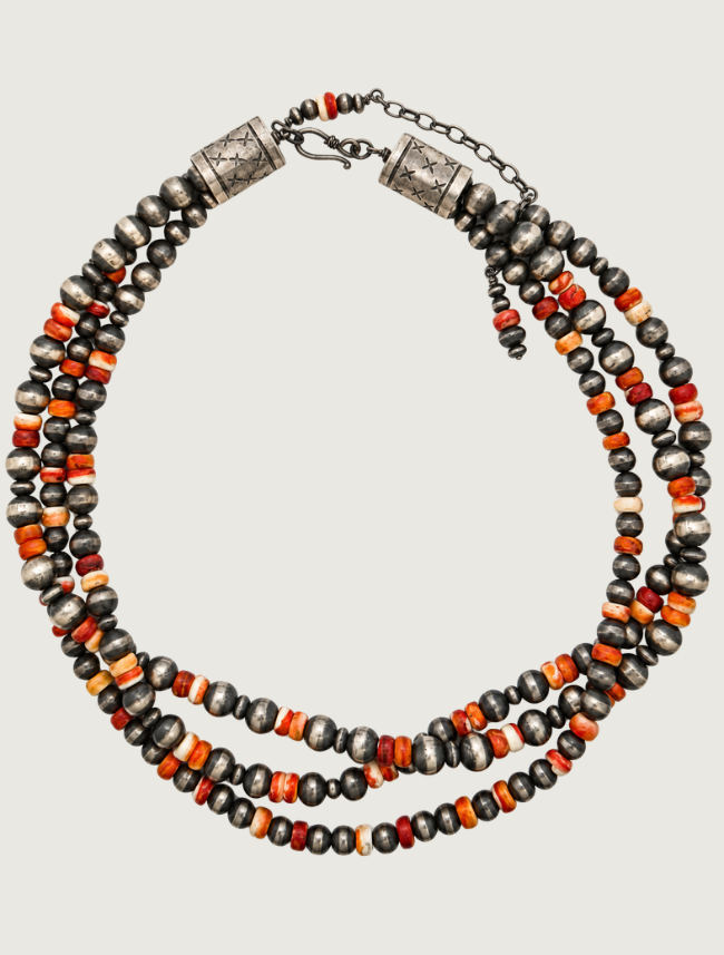 Silver Spiny Oyster Shell Three-Strand Beaded Necklace