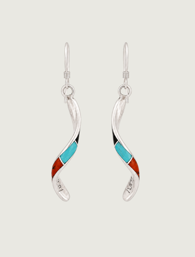 Sterling silver multi-stone twisted inlay drop earrings, back view, pair