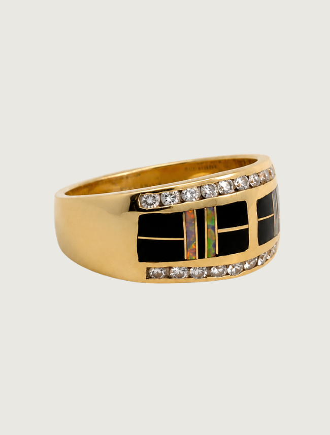 14K Yellow Gold Diamond, Black Jade, & Fire Opal Ring
