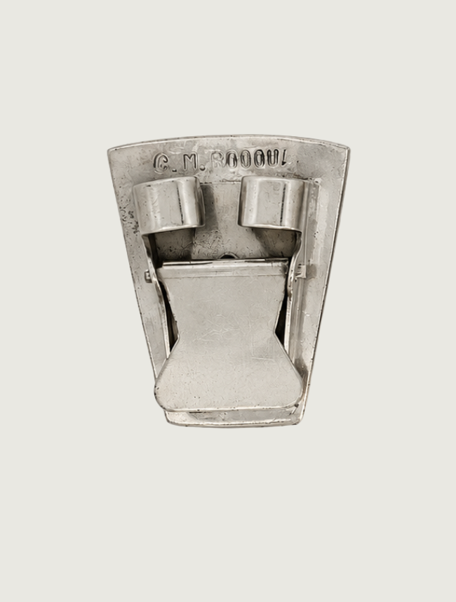 Back view of C.M. Booqua sterling silver bolo tie clip showing hallmark stamp