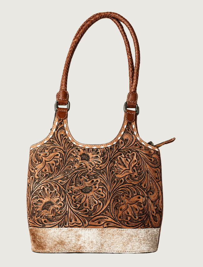 Mavericks Tooled Leather Tote with Cowhide Base & Braided Handles