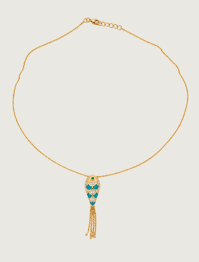 18K Yellow Gold White & Blue Enamel Fish Necklace