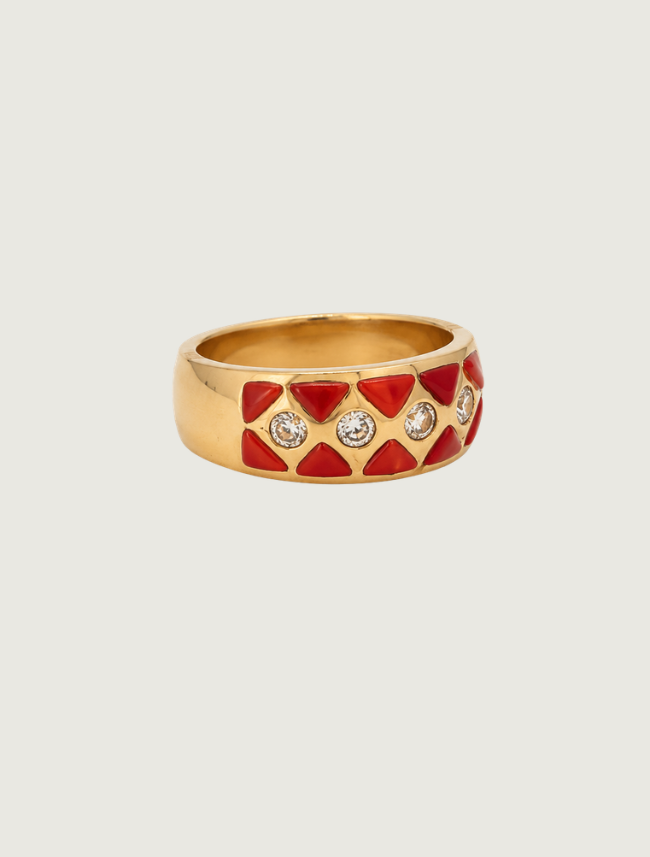 14K Yellow Gold Red Coral & Diamond Ring