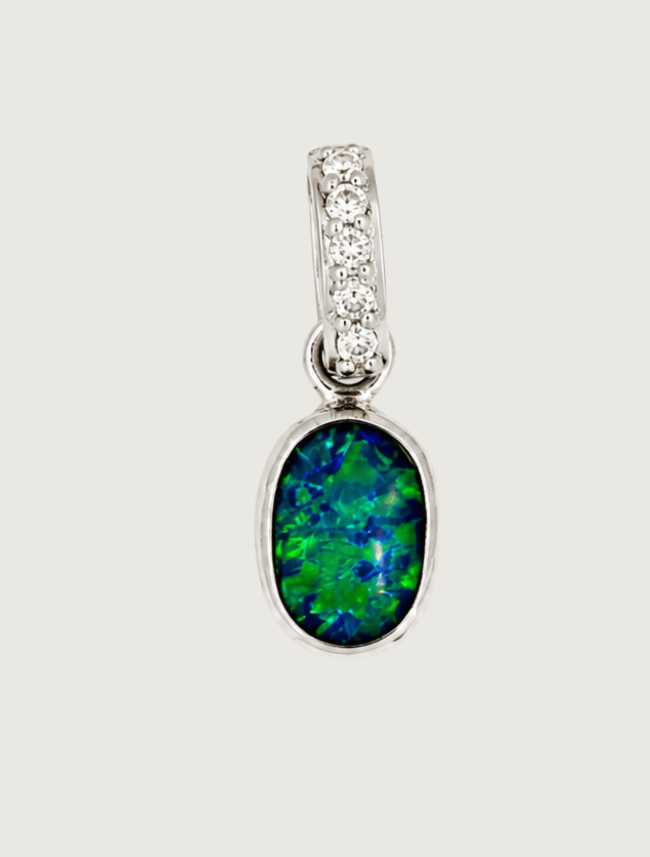 14K White Gold Australian Opal & Diamond Pendant