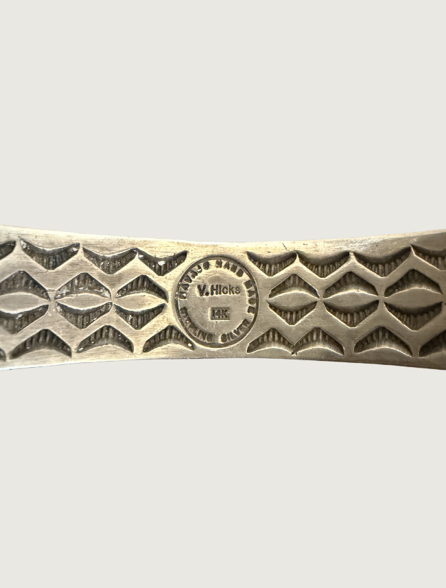 Detail of V. Hicks hallmark stamp — Navajo Hand Made, Sterling Silver, 14K