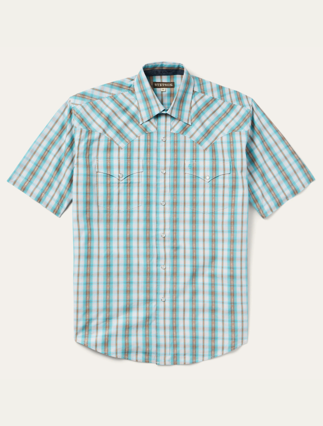 Stetson Men's Turquoise Plaid Short-Sleeve Western Shirt