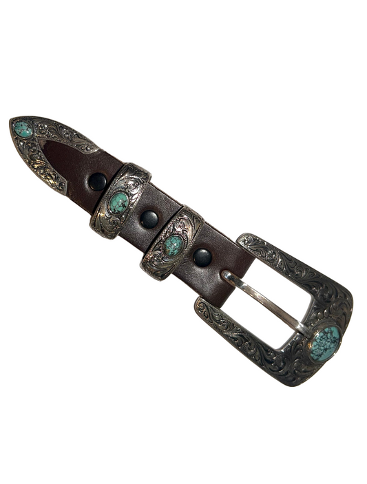 Chacon Sterling Silver & Turquoise Engraved Belt Buckle