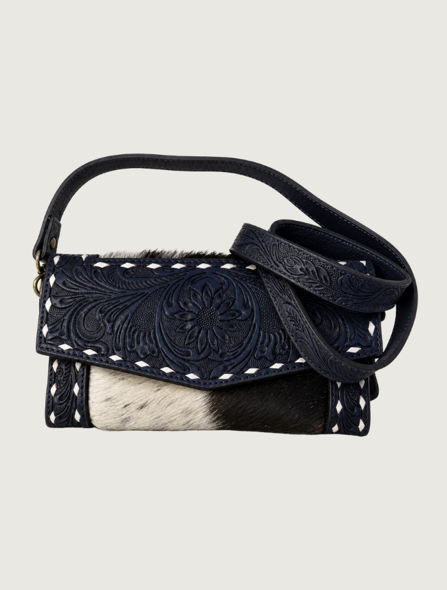 Mavericks Tooled Leather & Cowhide Convertible Crossbody Bag with Floral Medallion