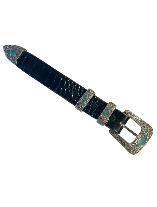 Chacon Sterling Silver & Turquoise Inlay Belt Buckle Set
