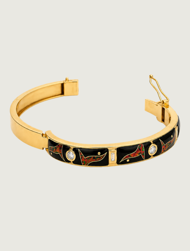 14K Yellow Gold Diamond, Black Jade, & Fire Opal Bracelet