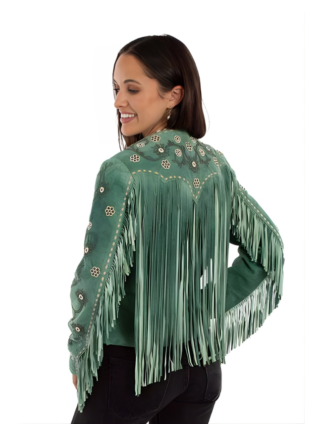 Mavericks Women's Suede Fringe Jacket with Floral Studs