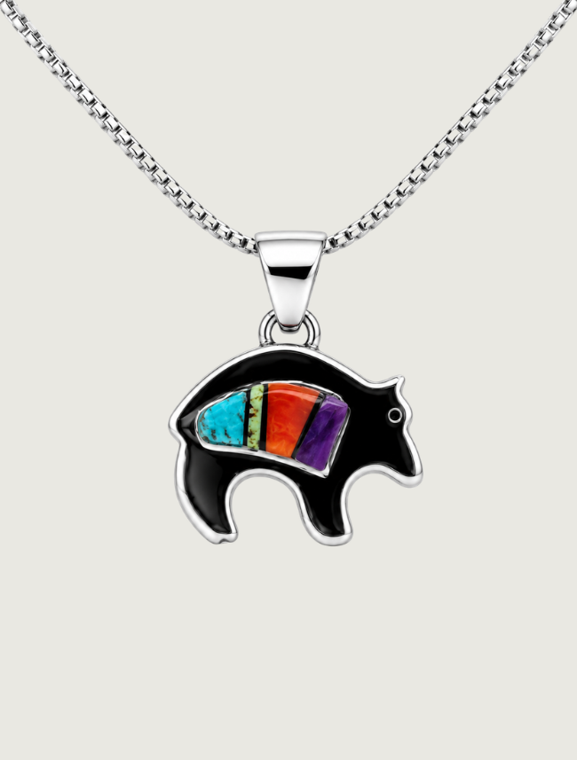 Sterling Silver Multi Inlay Bear Pendant Necklace