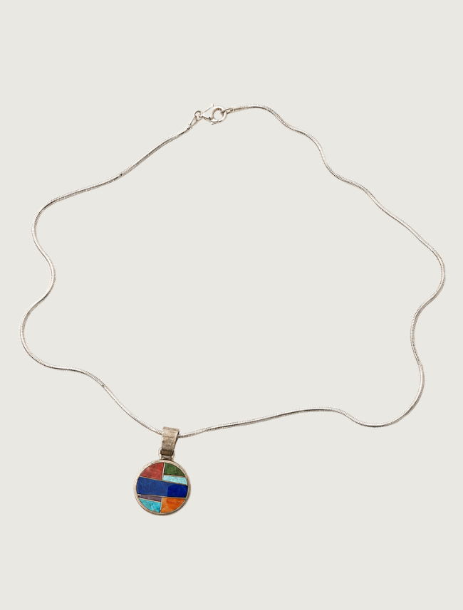 Sterling Silver Multi Inlay Pendant Necklace