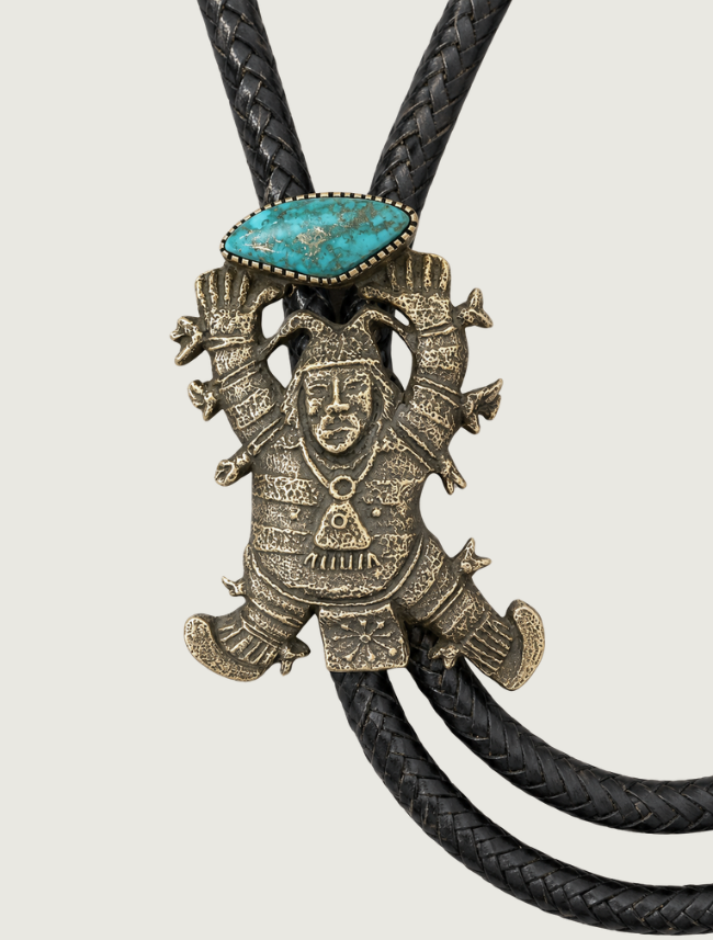 Harrison Jim sterling silver dancer figure bolo tie, full length view with braided black leather cord