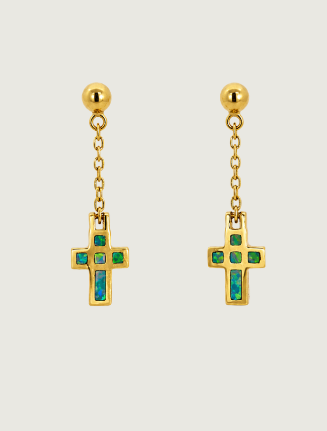 14K yellow gold opal cross dangle earrings, front view
