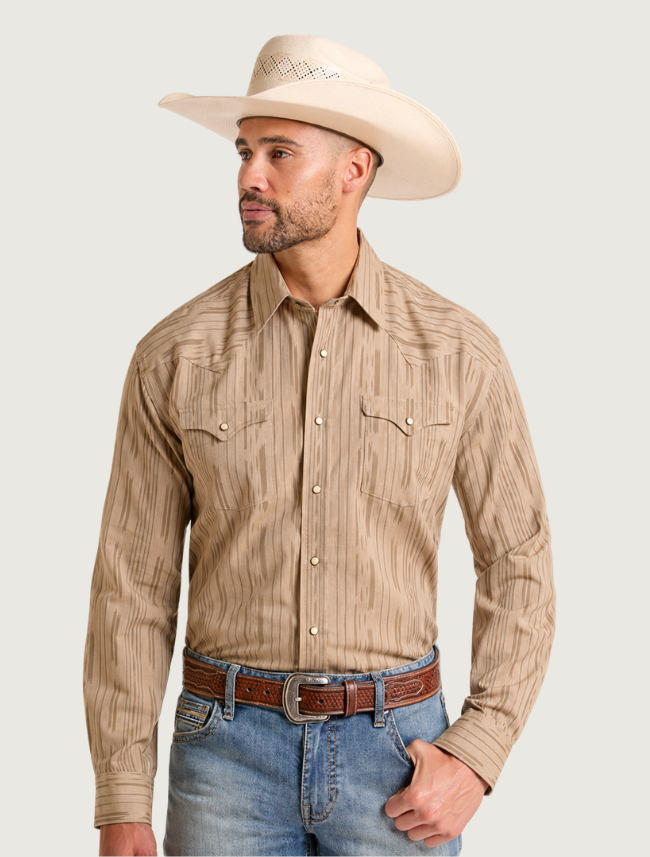 Rock & Roll Denim Men's 2-Pocket Long Sleeve Snap Shirt in Khaki