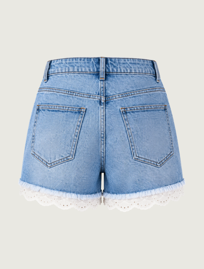 Mavericks Lace Hem Denim Shorts in Light Wash