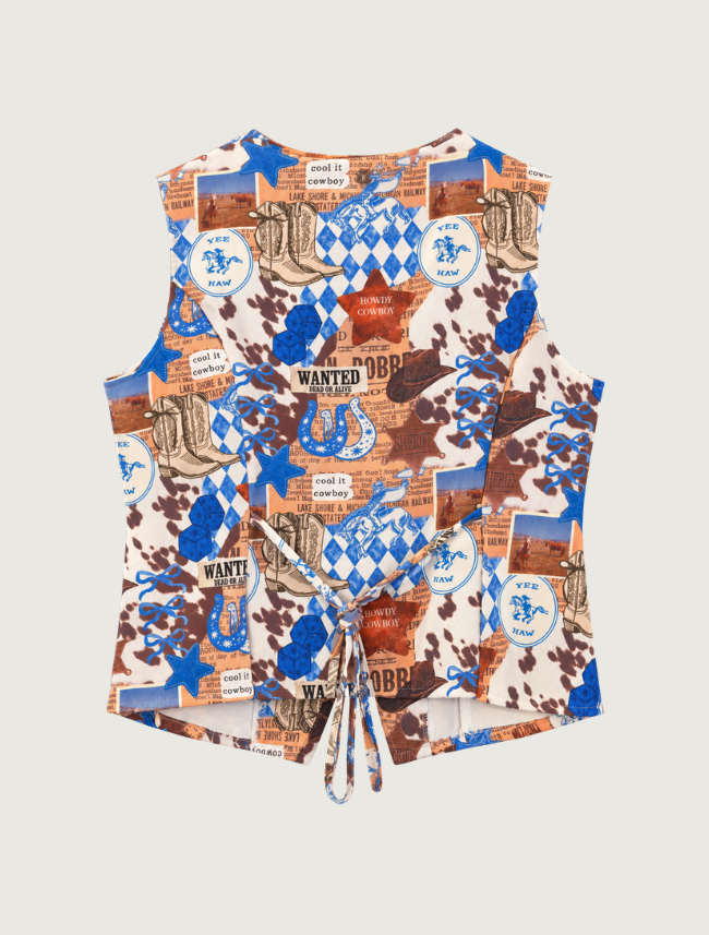 Lucky & Blessed Women's Cowhide and Western Collage Print Button Front Vest