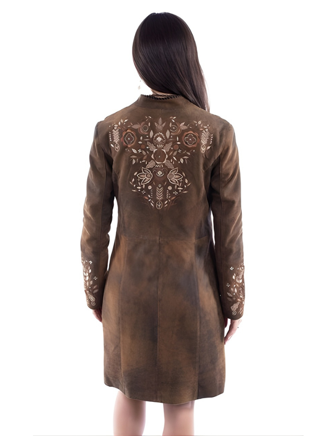 Mavericks Women's Embroidered Knee-Length Leather Coat