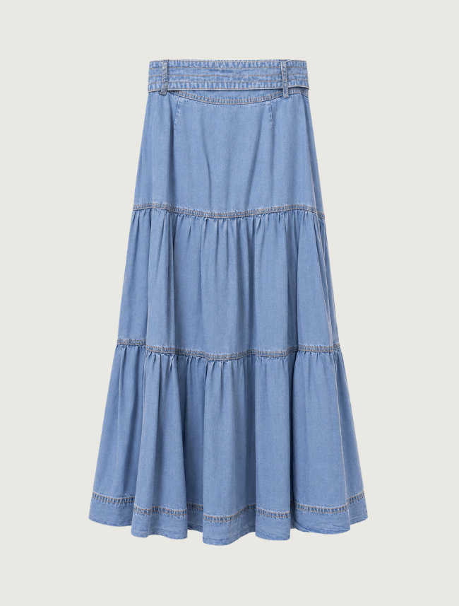 Mavericks Chambray Tiered Tie Front Midi Skirt