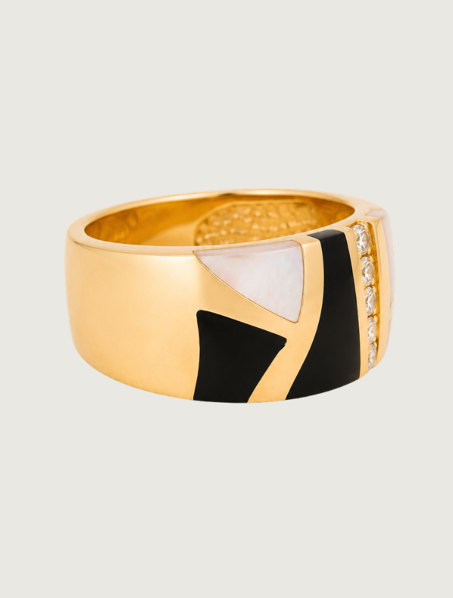 14K Yellow Gold Diamond, Black Jade, & Mother of Pearl Ring