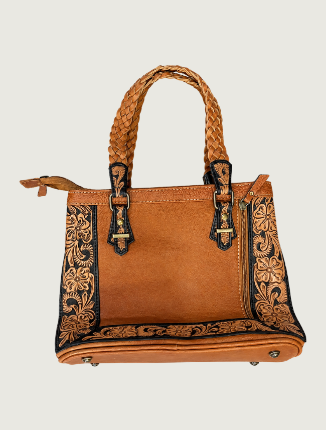 Mavericks Tooled Leather Tote with Cowhide Panel & Braided Handles