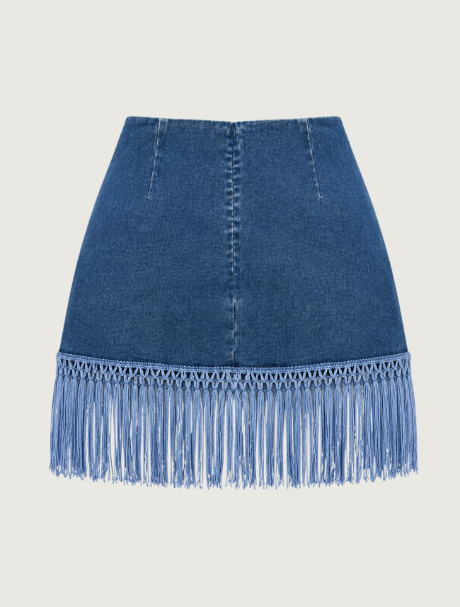 Mavericks Fringe Wrap Denim Mini Skirt in Medium Wash