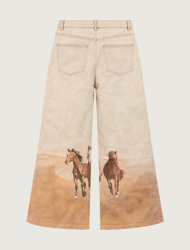 Mavericks Horse Print Wide Leg Jeans in Tan Multi
