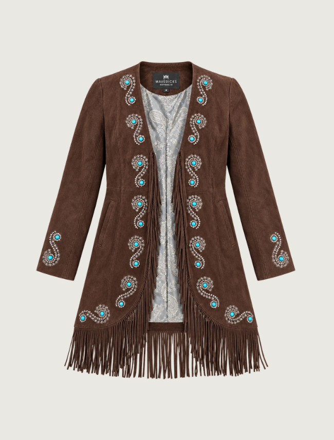 Mavericks Turquoise Studded Embroidered Fringe Suede Coat