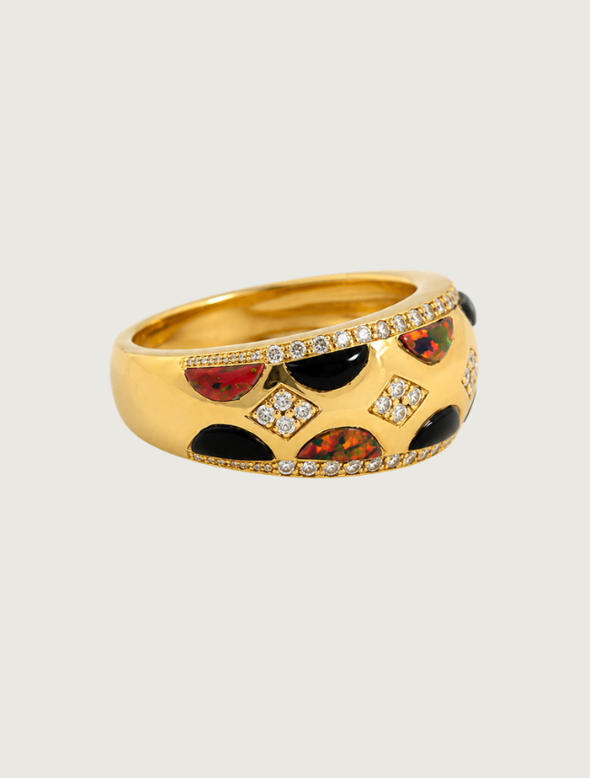 14K Yellow Gold Diamond, Black Jade, & Red Opal Ring