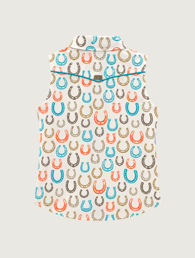 Lucky & Blessed Girls' Ivory Horseshoe Print Sleeveless Pearl Snap Shirt