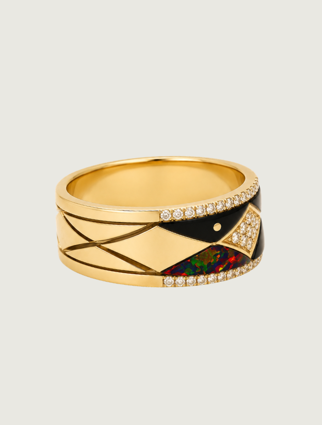 14K Yellow Gold Diamond, Black Jade, & Red Opal Ring