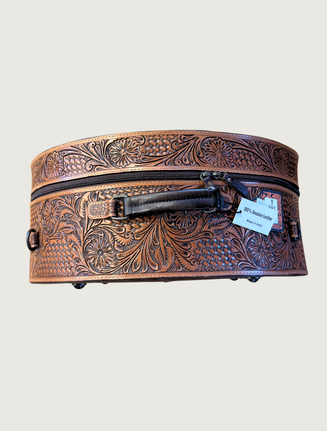 Tooled leather and cowhide hat box, side view