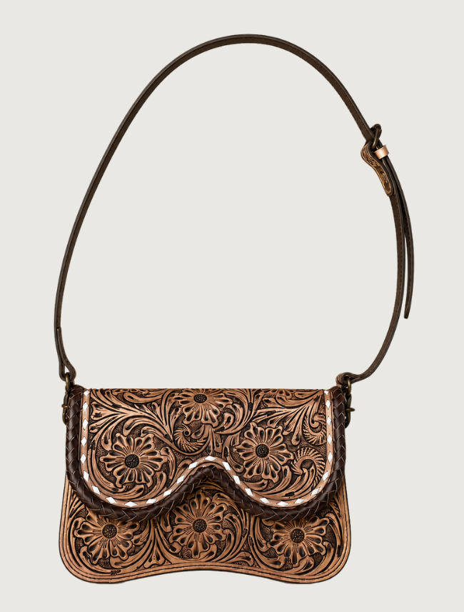 Mavericks Brown Tooled Leather Saddle Bag with Braided Trim