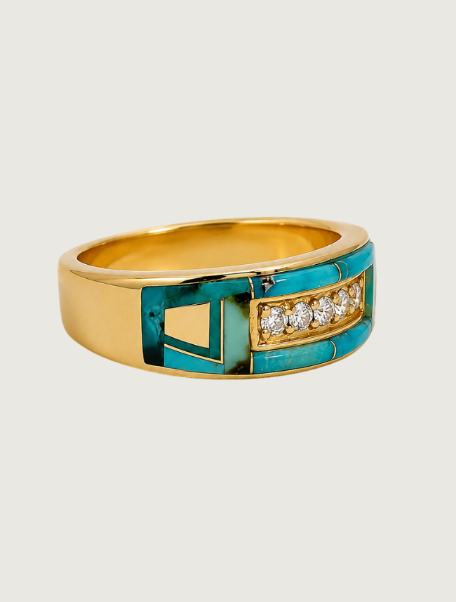 14K Yellow Gold Carico Lake Turquoise & Diamond Ring
