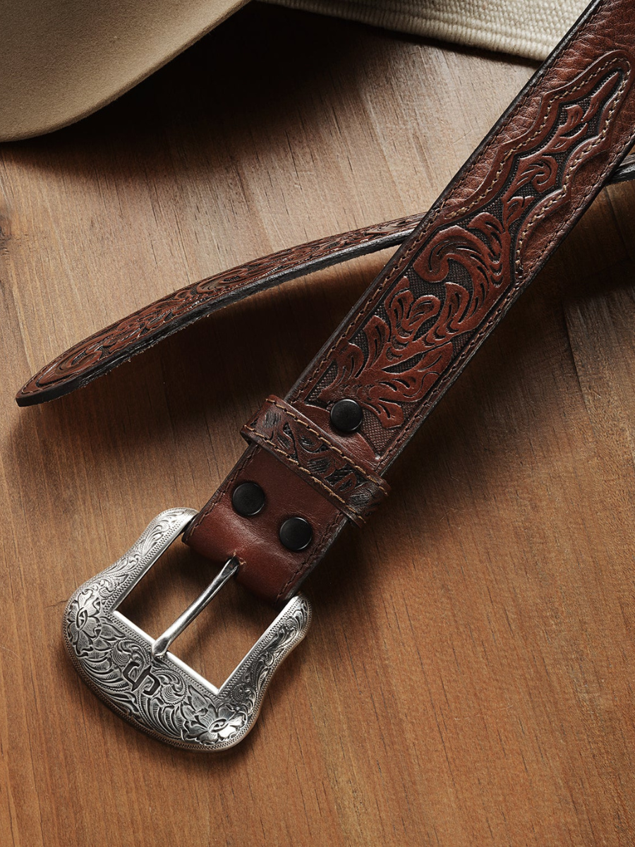 Stetson Men's Bison Leather Tooled Tab Belt in Hazelnut Bison