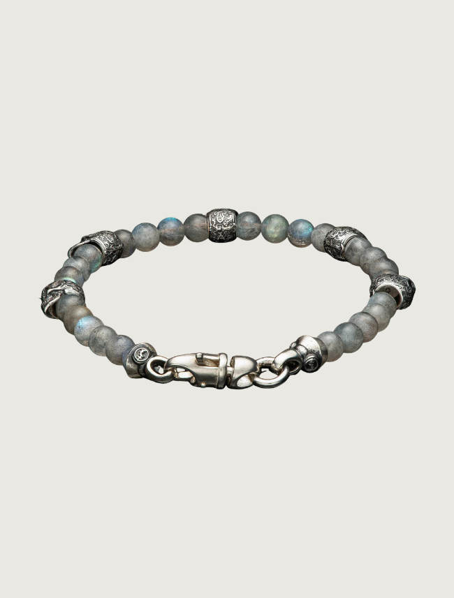 William Henry Labradorite Beaded Bracelet with Sculpted Sterling Silver Skulls, M