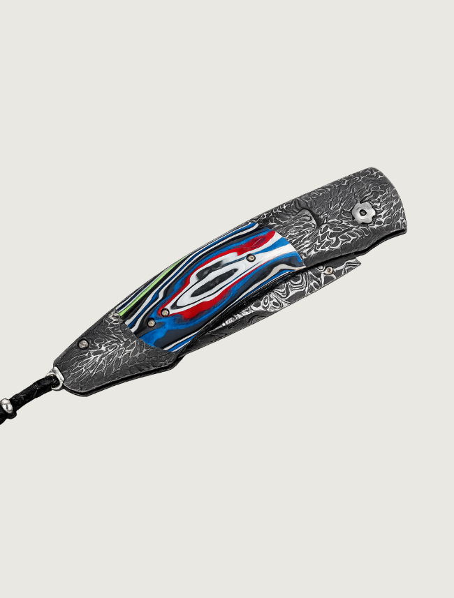 William Henry Folding Knife with Hand-Forged Damascus Steel and Fordite