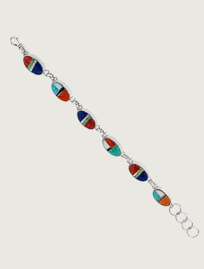 Sterling Silver Multi Inlay Link Bracelet