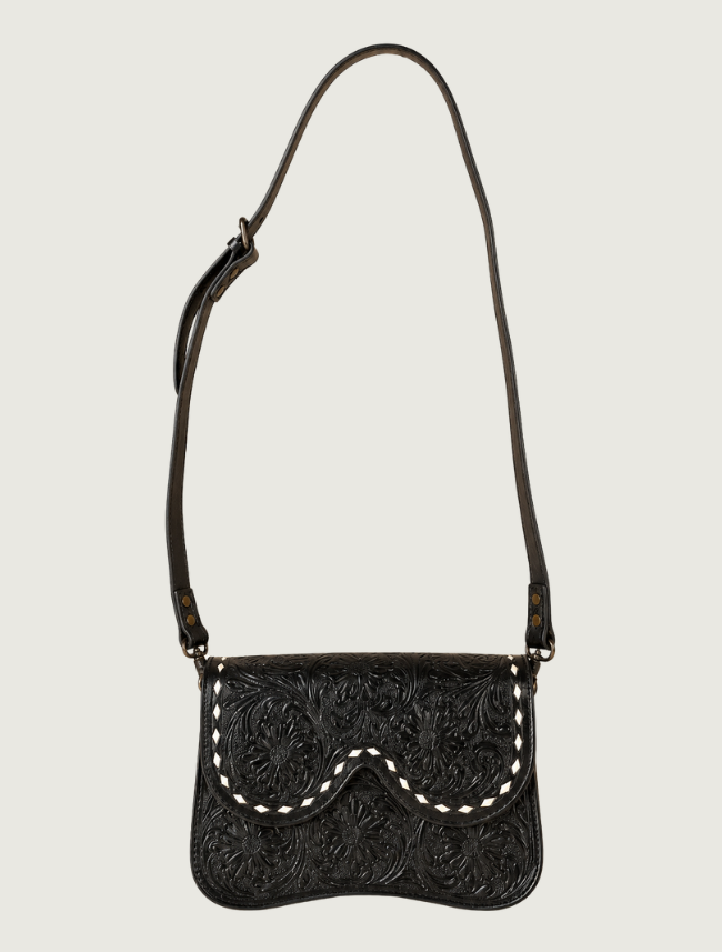 Mavericks Black Tooled Leather Saddle Bag