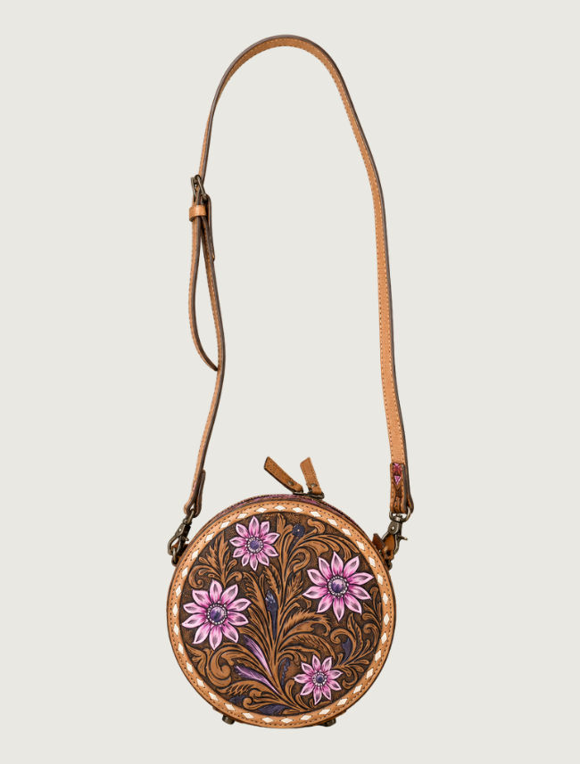 Mavericks Hand-Painted Floral Tooled Leather Round Crossbody