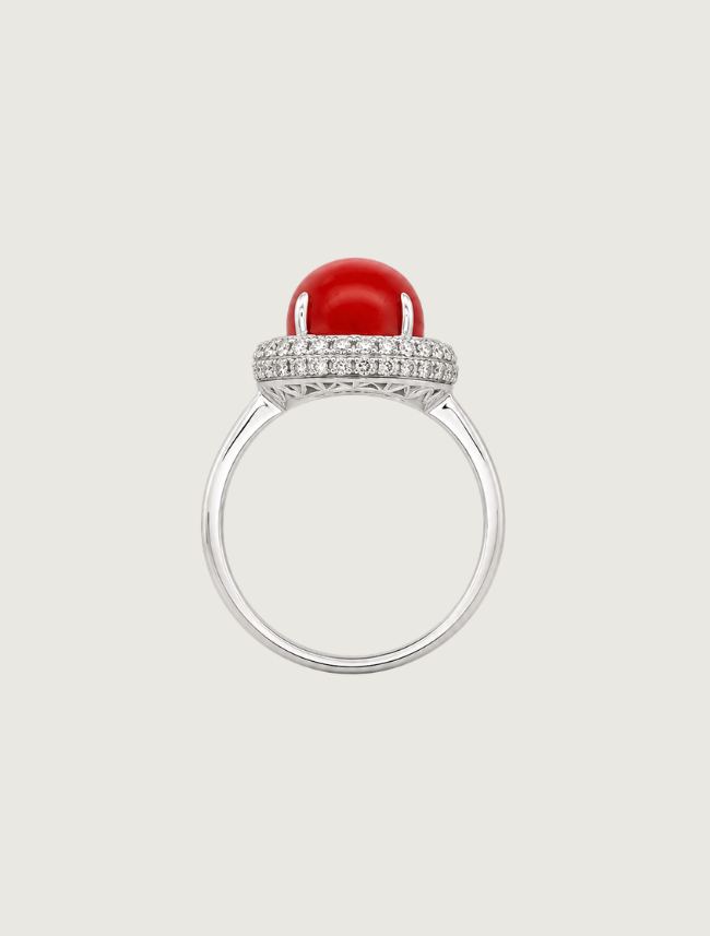 18K White Gold Diamond & Red Coral Ring