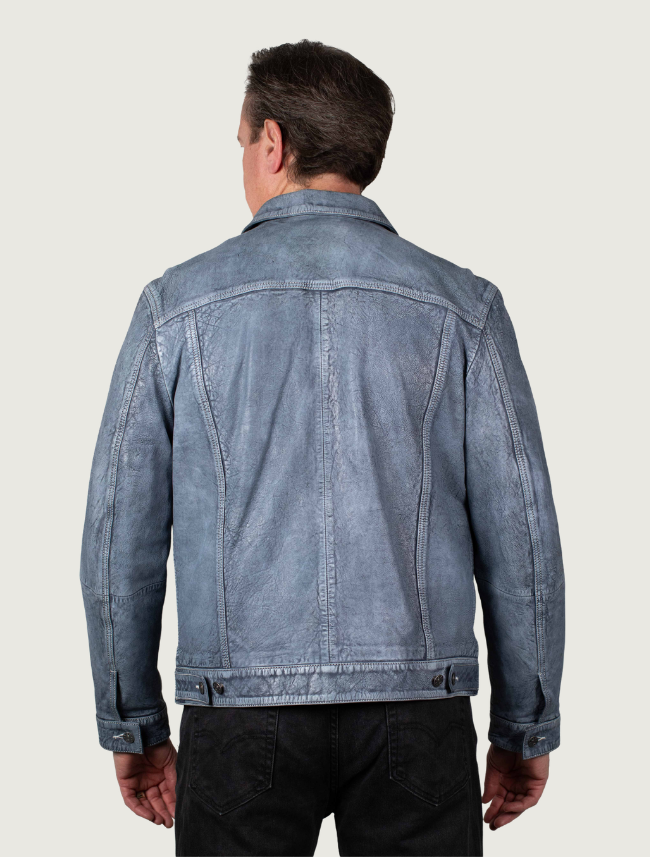Mavericks Men's Blue Stone-Wash Leather Trucker Jacket