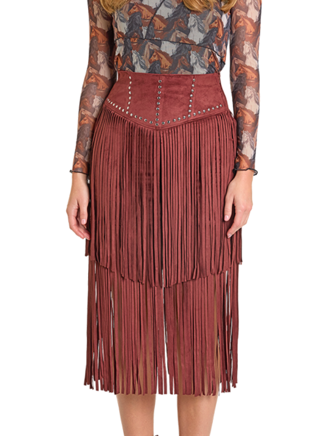Rock & Roll Denim Midi Microsuede Fringe Skirt
