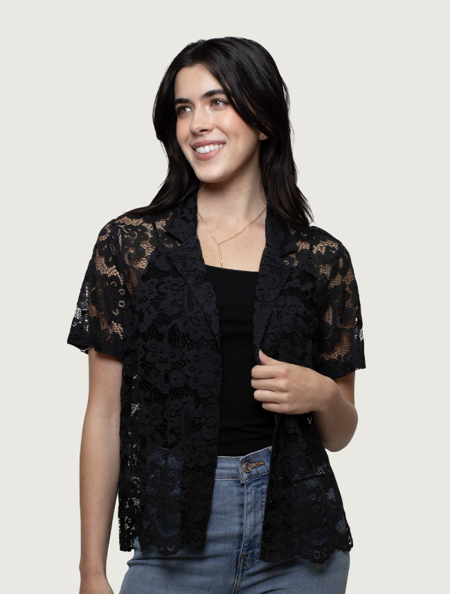 Scully Black Lace Short Sleeve Button-Up Shirt