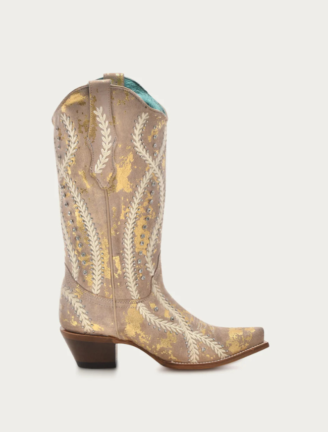 Corral Women's White Embroidery & Crystals Tan Cowboy Boots