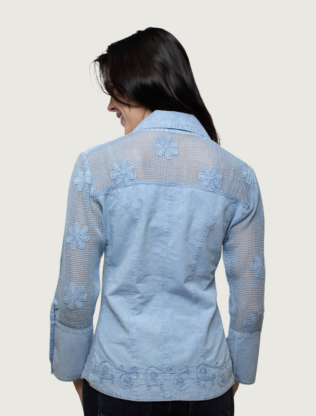 Scully Women's Embroided Blouse with Mesh Sleeves