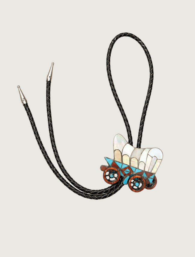 H.L. Zunie covered wagon bolo tie, full length view with braided black leather cord and silver tips