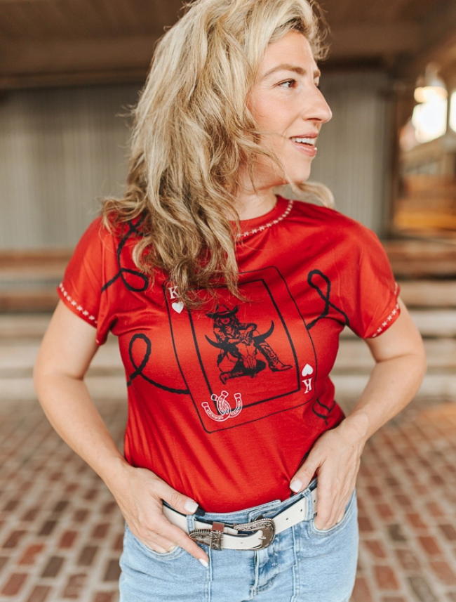 Lucky & Blessed Women's Red Cowgirl Playing Card Graphic T-Shirt